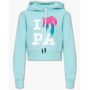 Palm Angels I ❤️ PA Aqua Blue Crop Hoodie Pink Palm Tree Graphic Pullover XS
